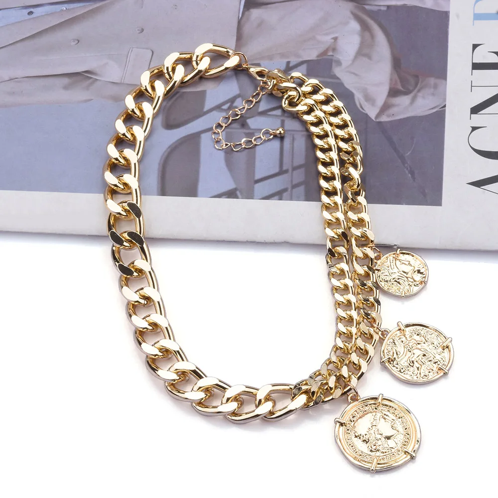 2024 New ZA Classic Punk Statement Metal Chains Links Choker Necklace With Charm Coin Pendants Deco Women Indian Jewelry