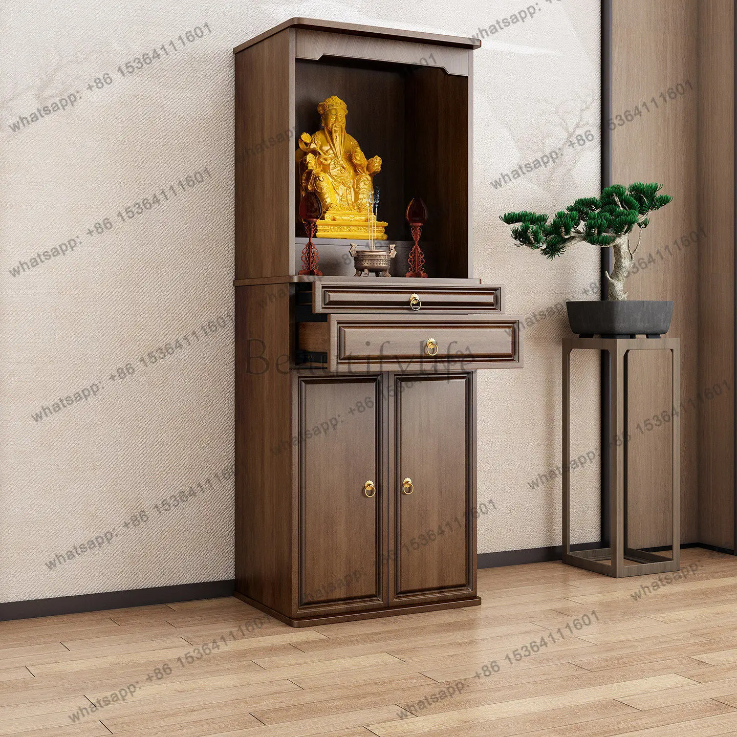 

God of Wealth Buddhist Scene New Chinese Vertical Cabinet Guanyin Buddha Statue Cabinet