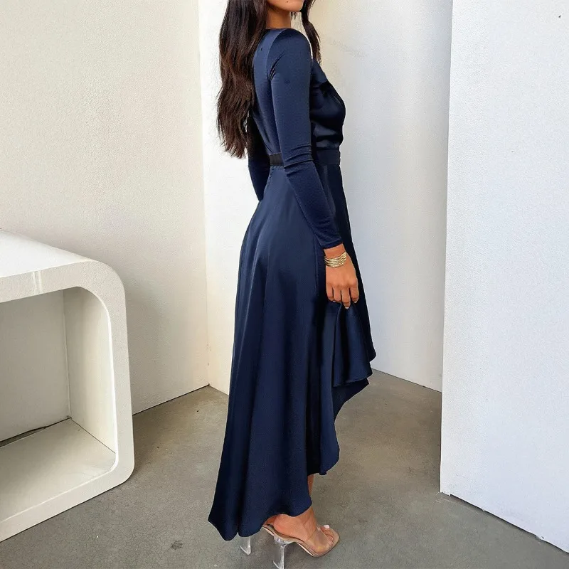 Abito con gonna lunga floreale con lacci stile elegante Abito da donna con scollo a V a maniche lunghe con volant