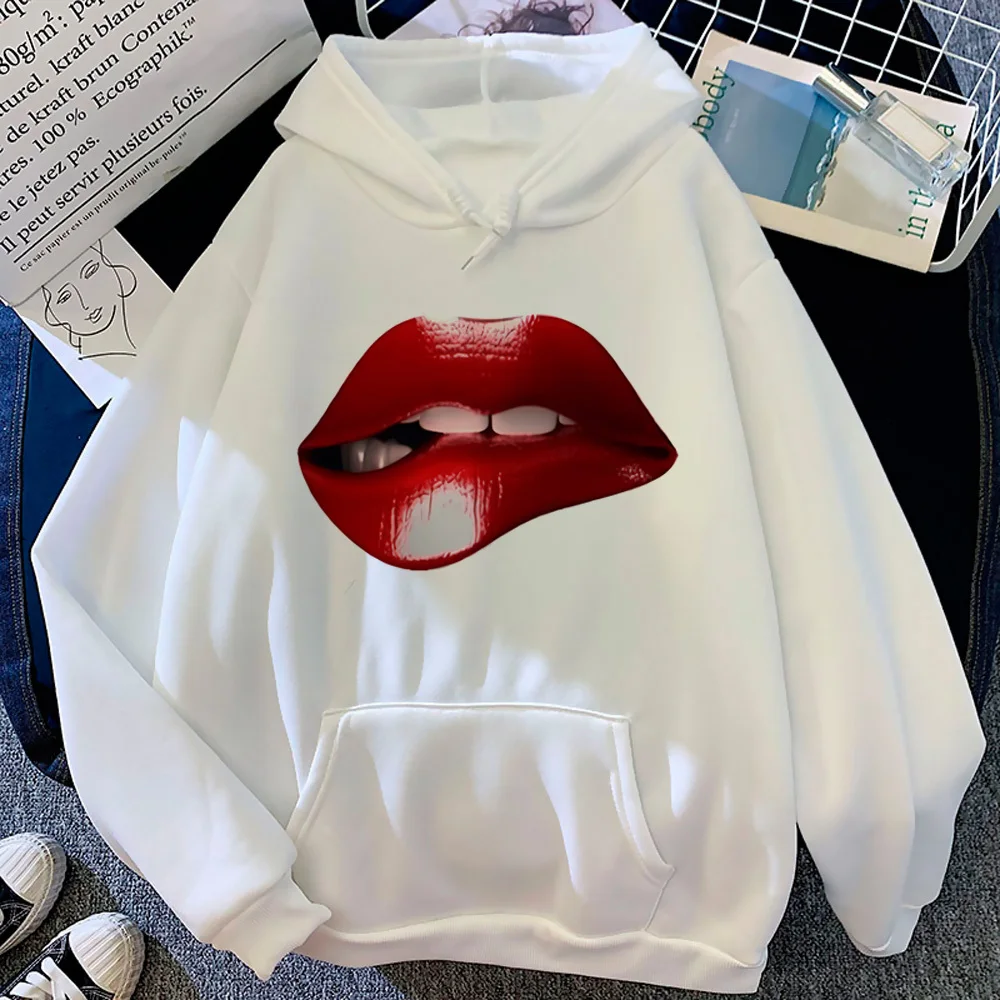 

Lips Print hoodie athleisure youthful winter graphic streetwear funny female hoddie Y2K pattern comic elegant