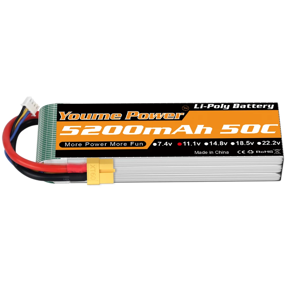 1 Pezzo Batteria Lipo Youme 2S 3S 4S 6S 3300mAh 4500mAh 5200mAh 6200mAh 6500mAh 7.4V 11.1V 14.8V 22.2V T XT60 Hard Case Ricambi RC