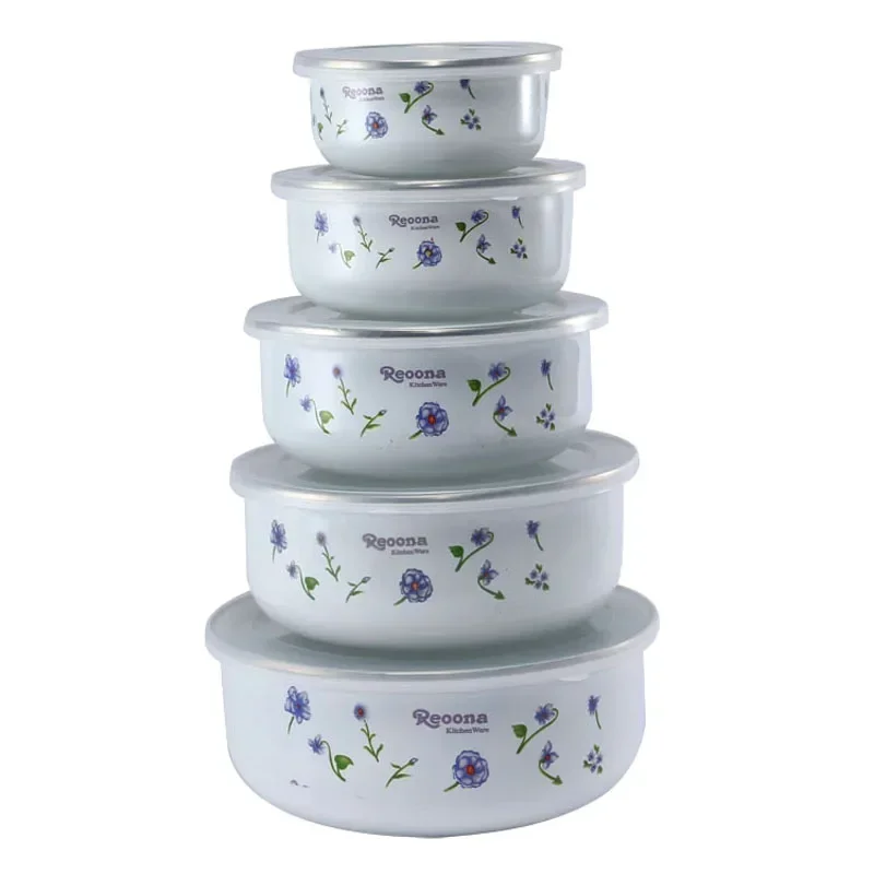 free shipping mixing bowls with seal cover Enamel suit set 5pcs preservation set  ice bowl mini rice bowl 10-18cm