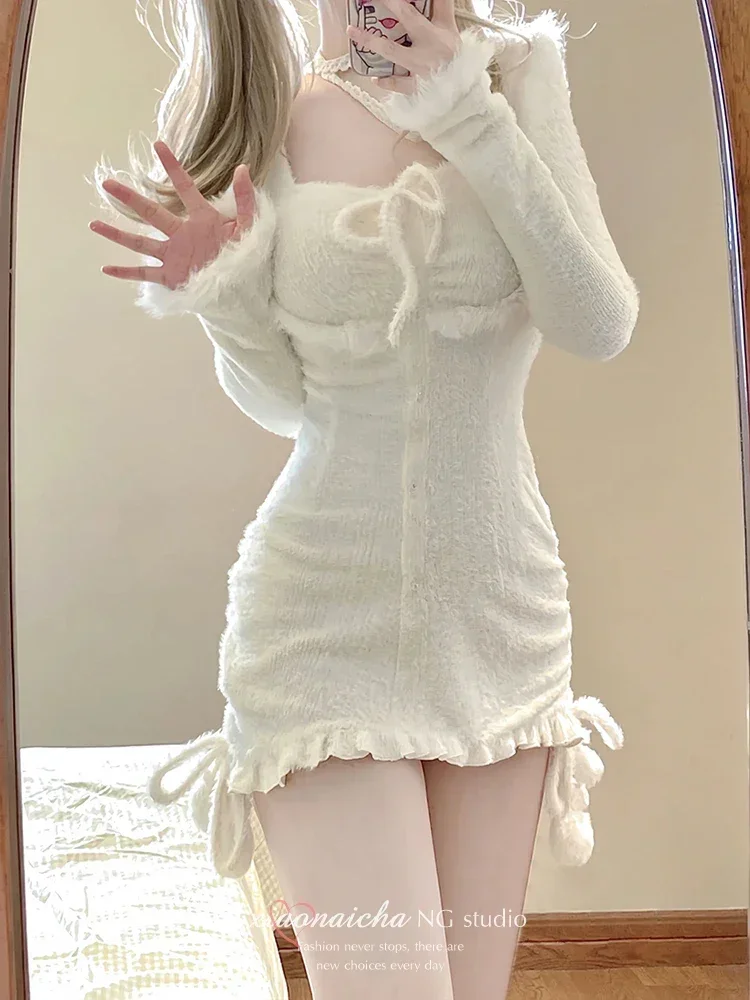 Square Neck Korean Style Women Kawaii Knitted Pullovers Long Sleeves Sweaters Dress Autumn Winter Japanese Style Sweet Jumpers