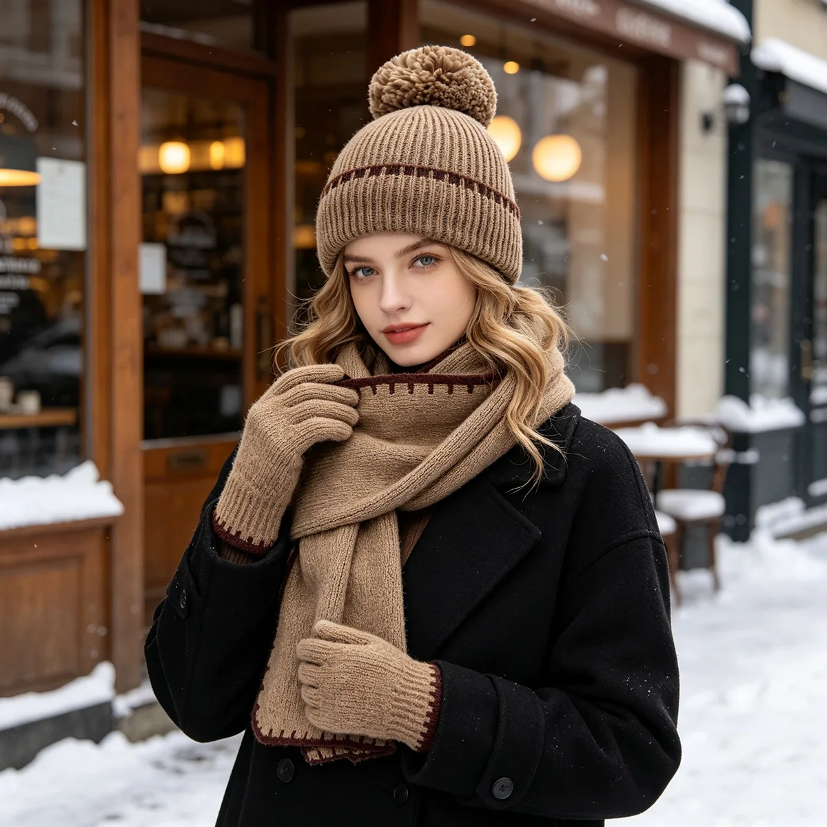 3pcs/Set Warm Knitted Beanie Hat Gloves Scarf Set for Men and Women Pullover Hat Plus Velvet Ear Protection Winter outdoor