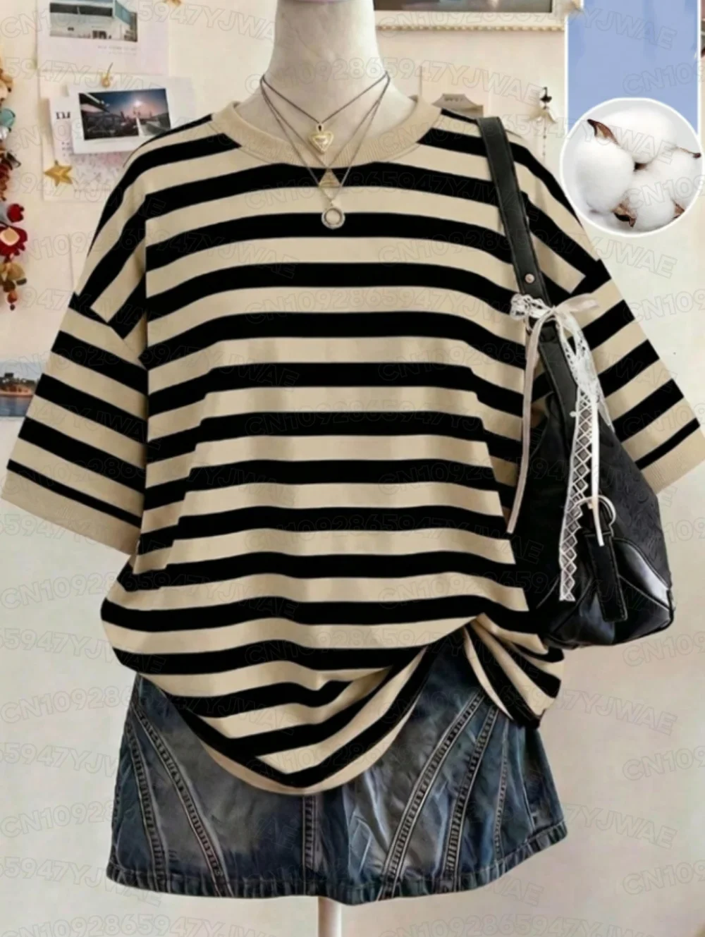 Sommerliches Y2K-T-Shirt mit breiten Streifen, lässiger Oversize-Schnitt, Rundhalsausschnitt, überschnittene Schultern, Damen-Kurzarm-T-Shirt, Street-Casual-Sport-Top – Detail 5