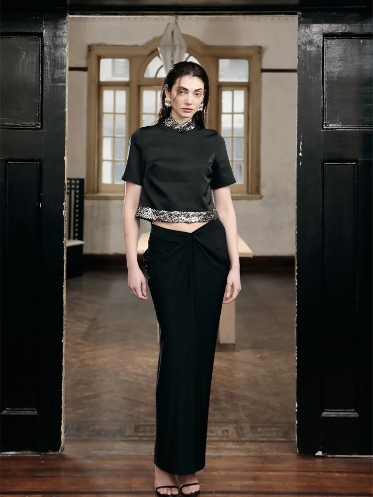 

Summer ort Sve T-irt Women's Chic Chinese Sle Side Slit Stand Collar Sequin Top Casual Faion ort Length