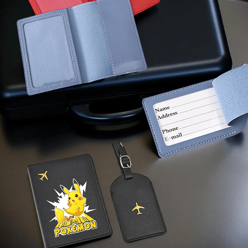 قطعتان من حامل جواز السفر بنمط بيكاتشو ومجموعة علامات الأمتعة، أساسيات السفر من جلد البولي يوريثان للجنسين، ملحقات السفر للعودة إلى المدرسة