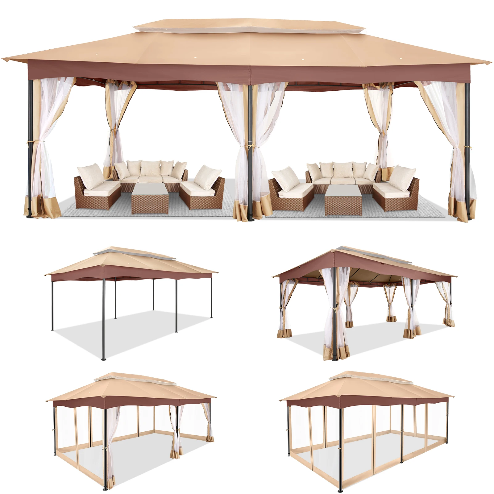 Gazebo 12x20 Heavy Duty Gazebo with Curtain and Netting Outdoor Gazebo Double Roof Patio Gazebo with Metal Steel Frame Gazebo