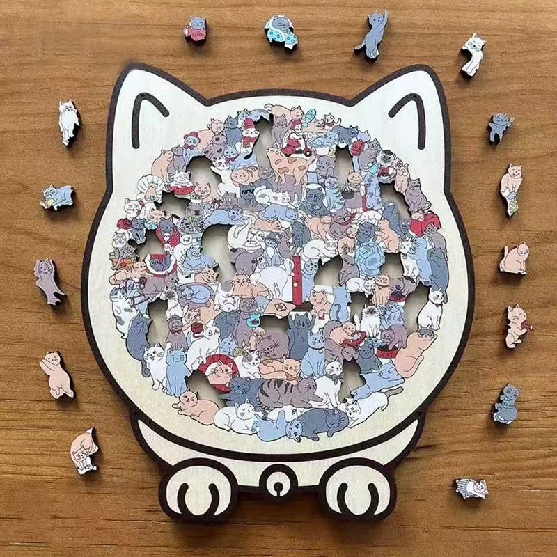 135pcs Cat-shaped Wooden Jigsaw Puzzle Unique Irregular Puzzle Pieces Game Birthday Xmas Gifts for Cat Lovers Home Decorations