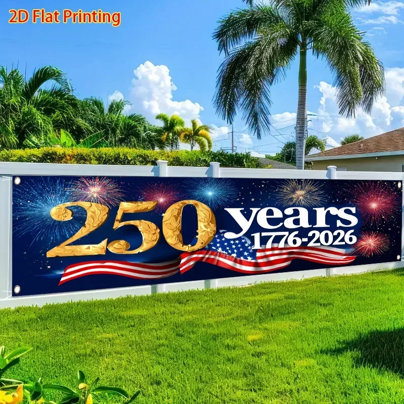 2D flat 1 piece, happy 250th anniversary of the United States, American flag pattern polyester decorative fence banner