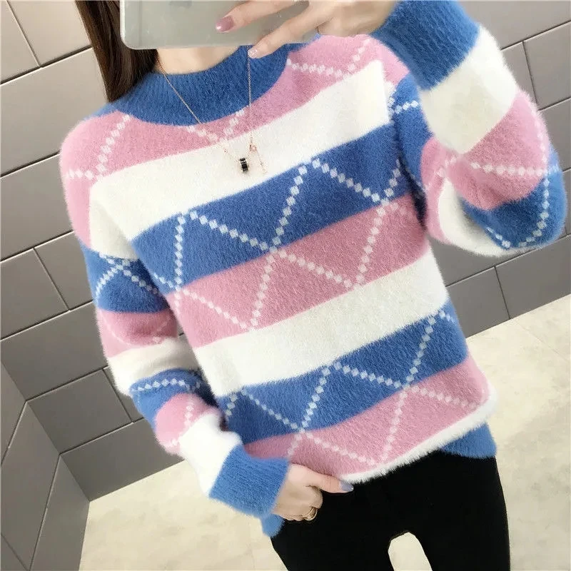 

Women Autumn Winter Turtleneck Sweater Vintage Diamond Intarsia Knitted Tops Casual Slim Pullover Korean Fashion Simple Jumpers