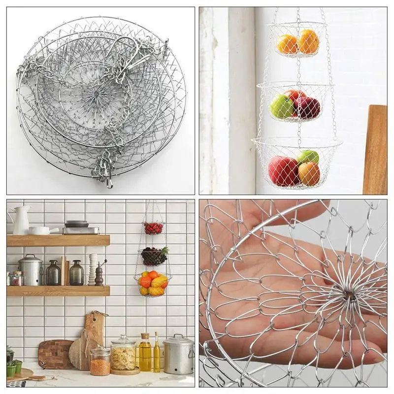 Cesta de frutas colgante, cesta de verduras, cesta de almacenamiento colgante de alambre de hierro de 3 niveles para cocina