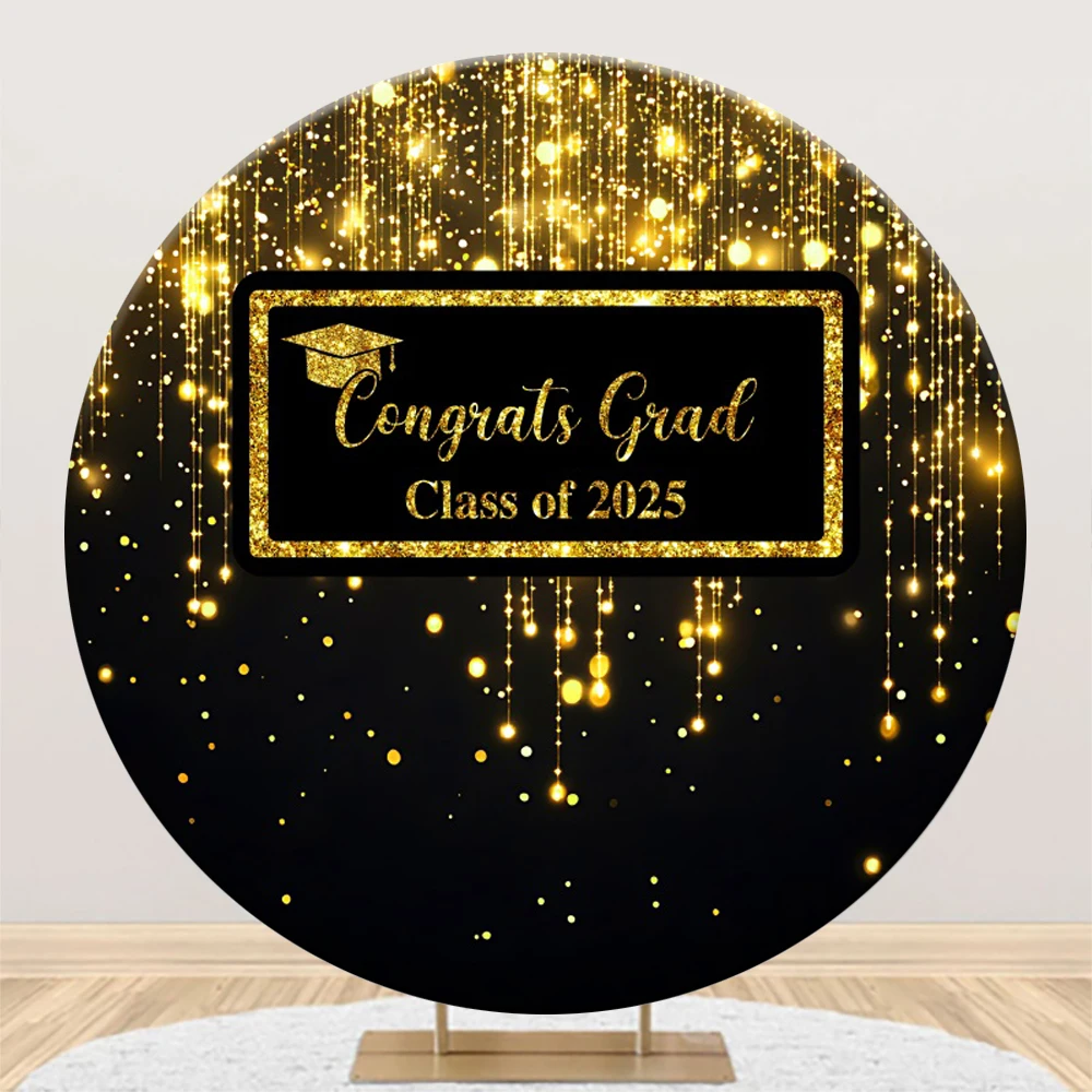 Class Of 2025 Happy Graduation Round Photography Backdrop Sparkling Scholar Hat Balloon Party Decor Adults Portrait Photo Props