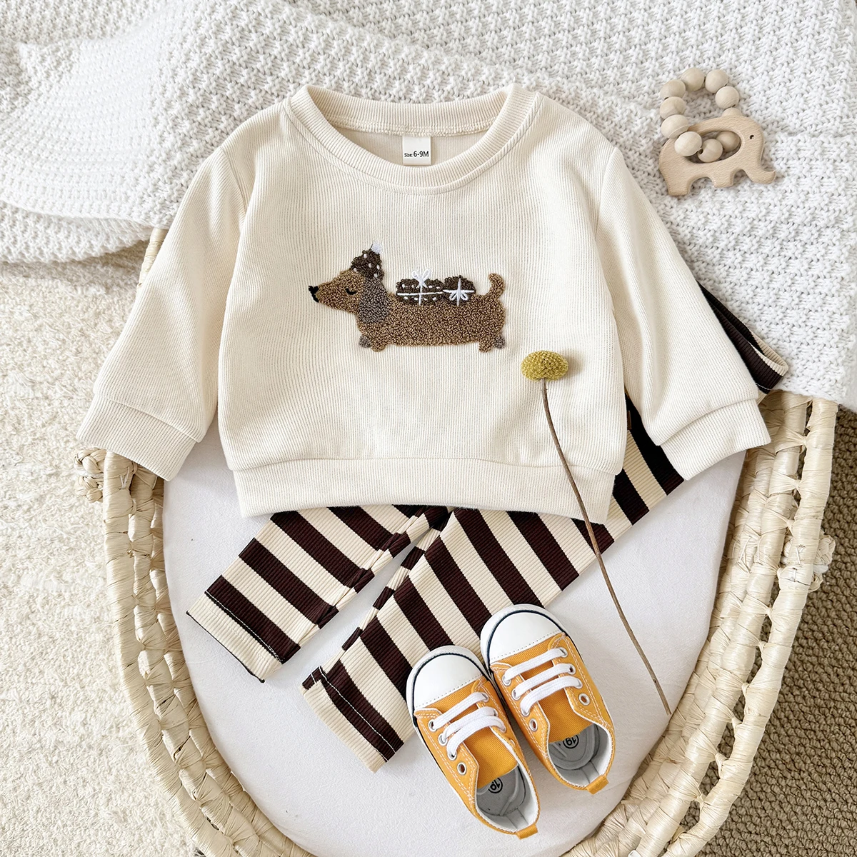 Infant Baby Sets Long Sleeves Pullover Cute Puppy Embroidery Top+Bottom Toddler Outfit 2pcs Baby Boys Girls Clothing Sweatshirt