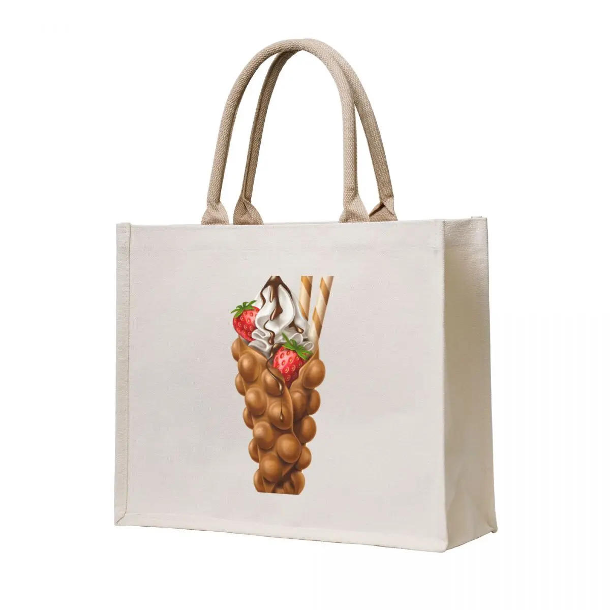 Gofre de burbujas de huevo, helado de vainilla con fresa y cobertura de Chocolate, bolso de compras, bolso de tela para mujer