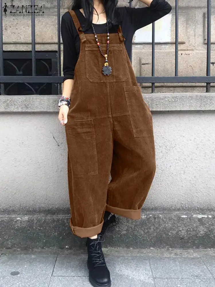 Salopette autunnale da donna ZANZEA 2024 Tute di velluto a coste caftano Bretella casual Pantaloni stile harem Pagliaccetti solidi femminili Femme Oversize