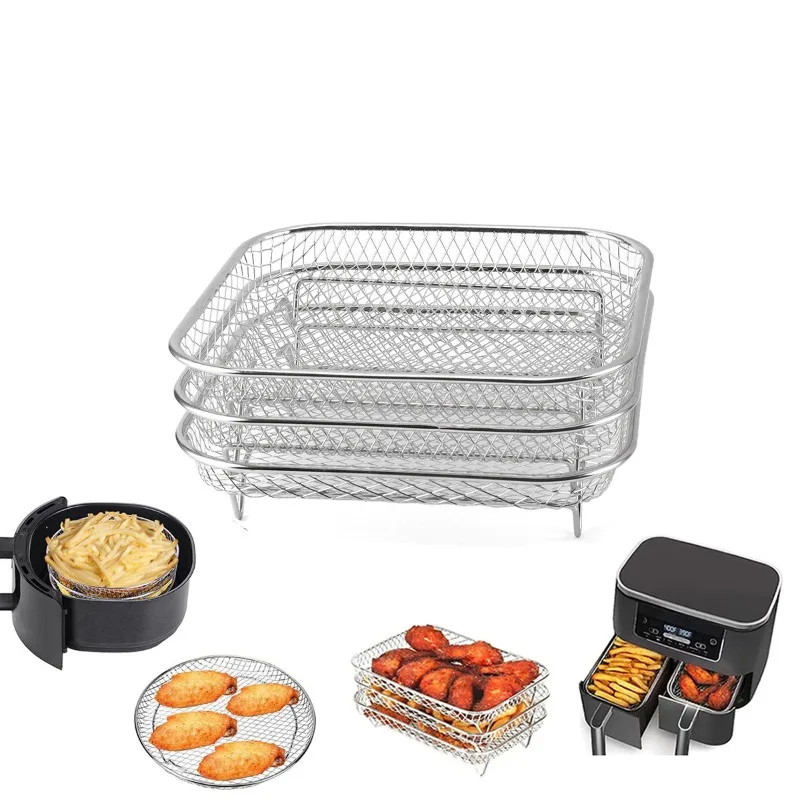 304 Stainless Steel 3‑Layer Air Fryer Rack, Square Stackable Steaming Filter Stand for Fruit Drying Air Fryer Replacement Part