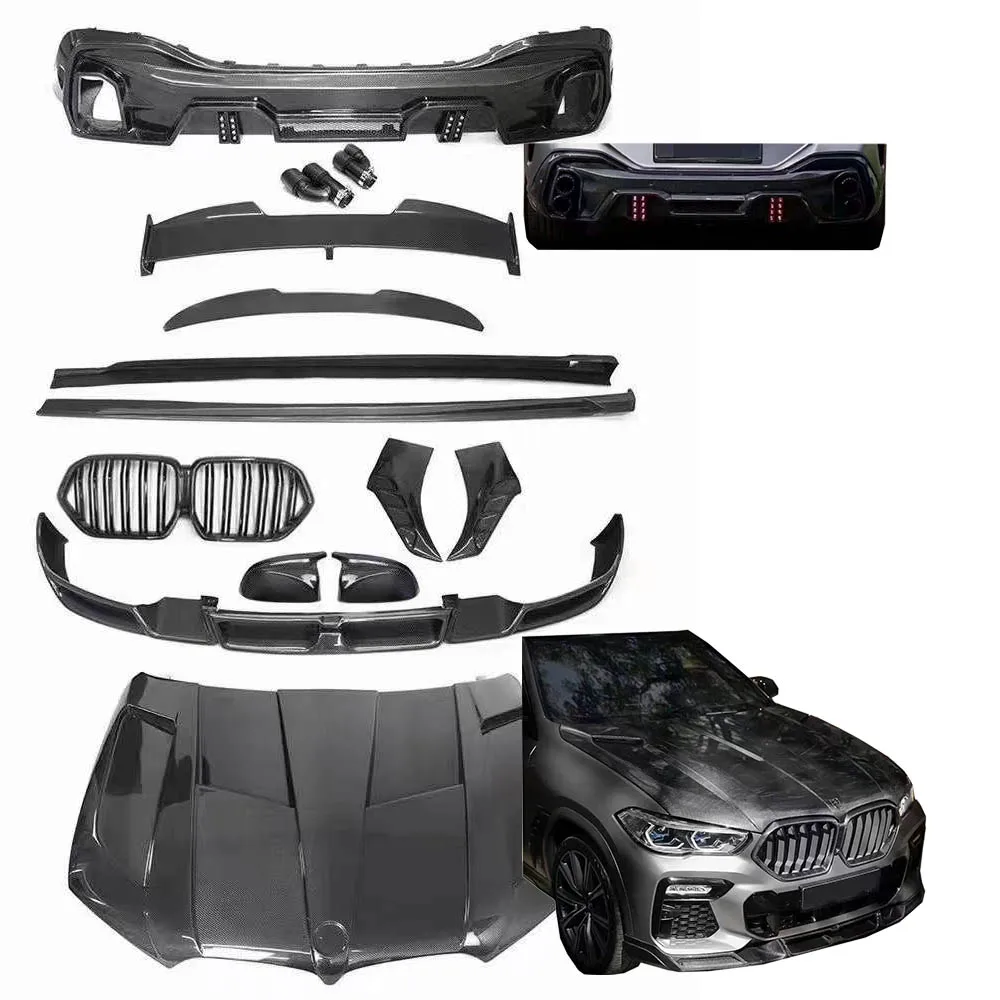 LD style High quality carbon fiber front lip side skirt extension rear diffuser hood lens case for BMW X6 G06 19+