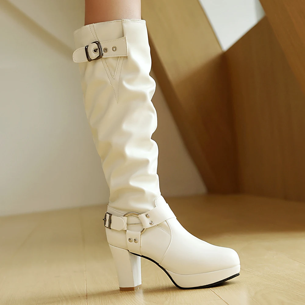 Women Pleated Platform High Heel Boots Winter Fashion Buckle Strap Zipper Knee High Boots Females Shoes Ladies Long Boots - Image 4