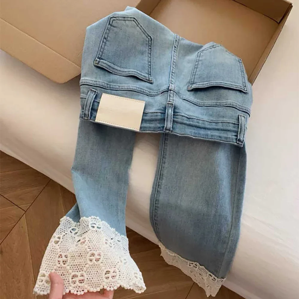 Retro Blue Stretch Jeans for Women Summer Hollow Out Lace Patchwork Cropped Denim Pants Thin High Waist Slim Ankle Length Jeans