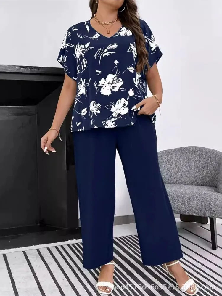 Plus Size Zomer 2 Tweedelige Set Dames Korte Mouw Bloemenprint Modis Casual Dames Blouses Losse Elastische Hoge Taille Vrouw Broek