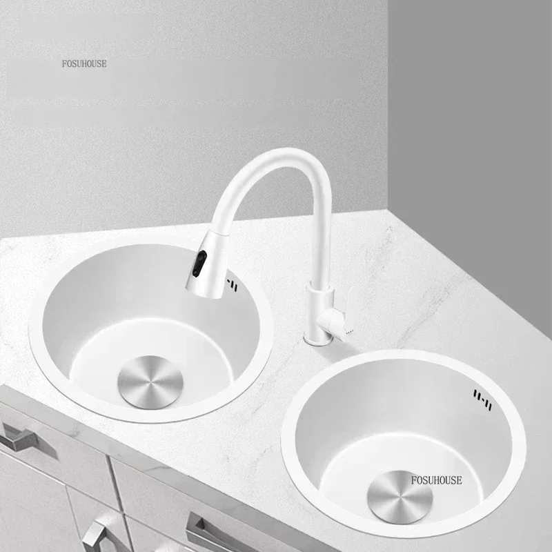 Bar Mini Washbasin Thickened Stainless Steel Circular Sink Cream Style White Kitchen