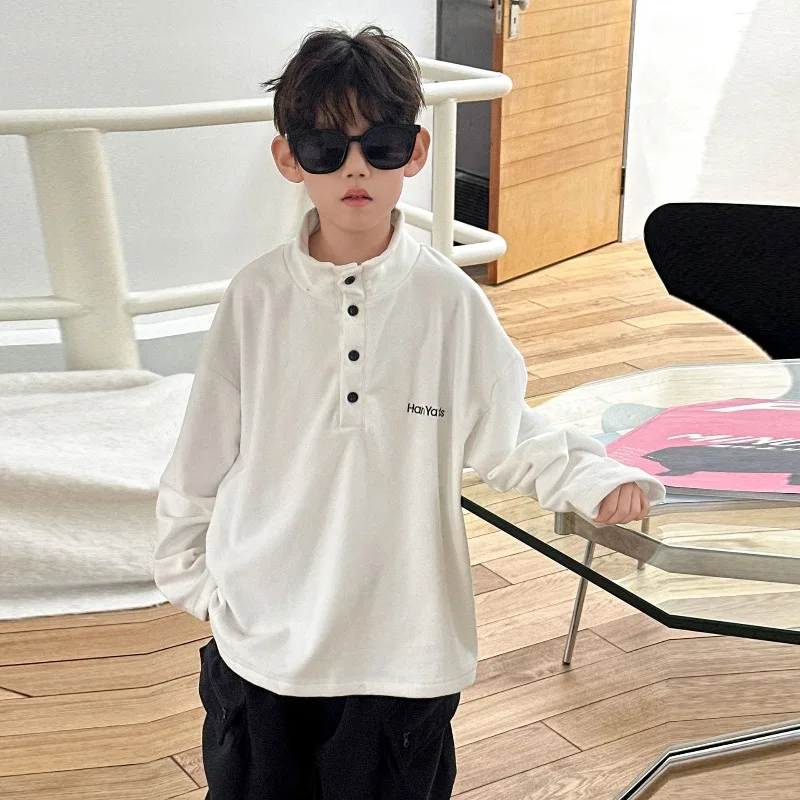 

Children's Korean Version 2025 Autumn and Winter New Item Standing Collar Long Sleeved Thick Top, Boys' Warm Bottom Shirt