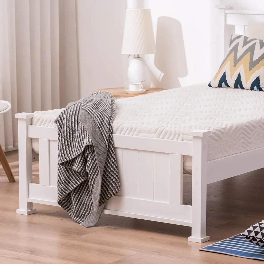 Solid Wood Platform Bed Frame, Single Bed with Headboard, No Box Spring Needed Panel Bed, Wood Slat Support Mat