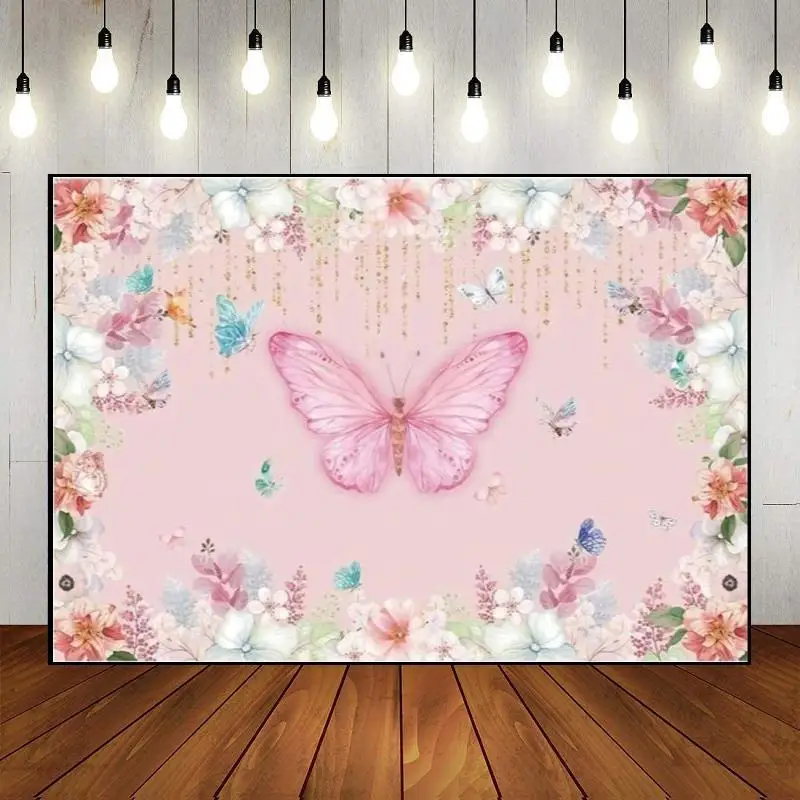 

Background Party Backdrop Wall Flowers Happy Birthday Decoration Butterfly Purple and Pink Photo Floral Gold Spots Custom Banner