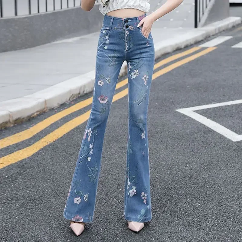 Fashion High Waisted Jeans Woman Casual Streetwear Nail Bead Denim Trousers Female Girls Vintage Printing Lim-Fit Bell-bottoms 2