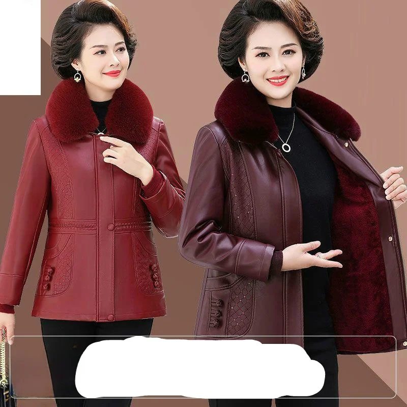 Autumn Winter Leather Jaet for Middle-Aged Women Spring Autumn Sle ly Winter Clothes Cotton Coat Mom's Autumn Winter...