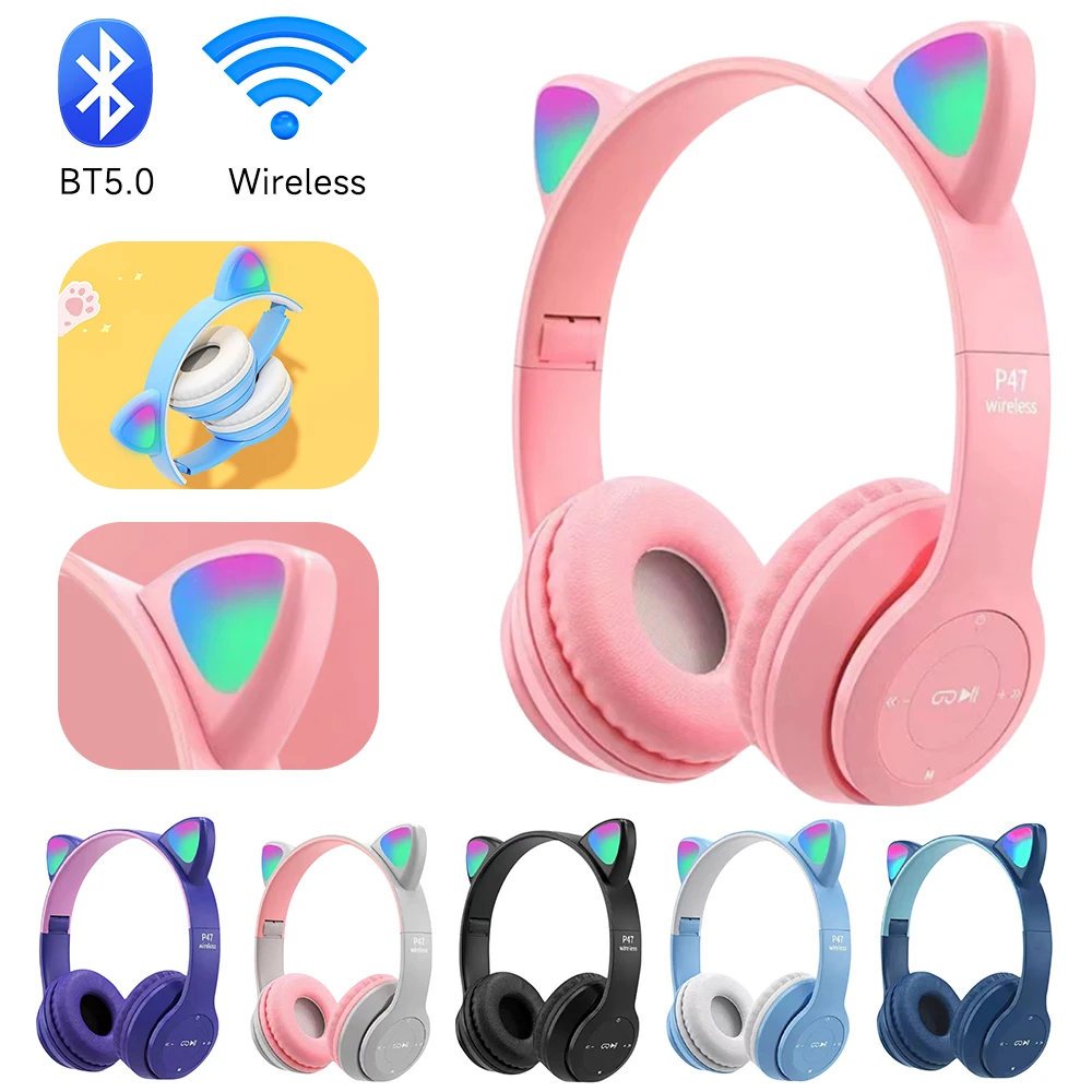 Wireless Headphones Cat Ear Bluetooth-Compatible Helmets Glow Light Over-Ear Headsets Stereo Bass for Kids and Adult