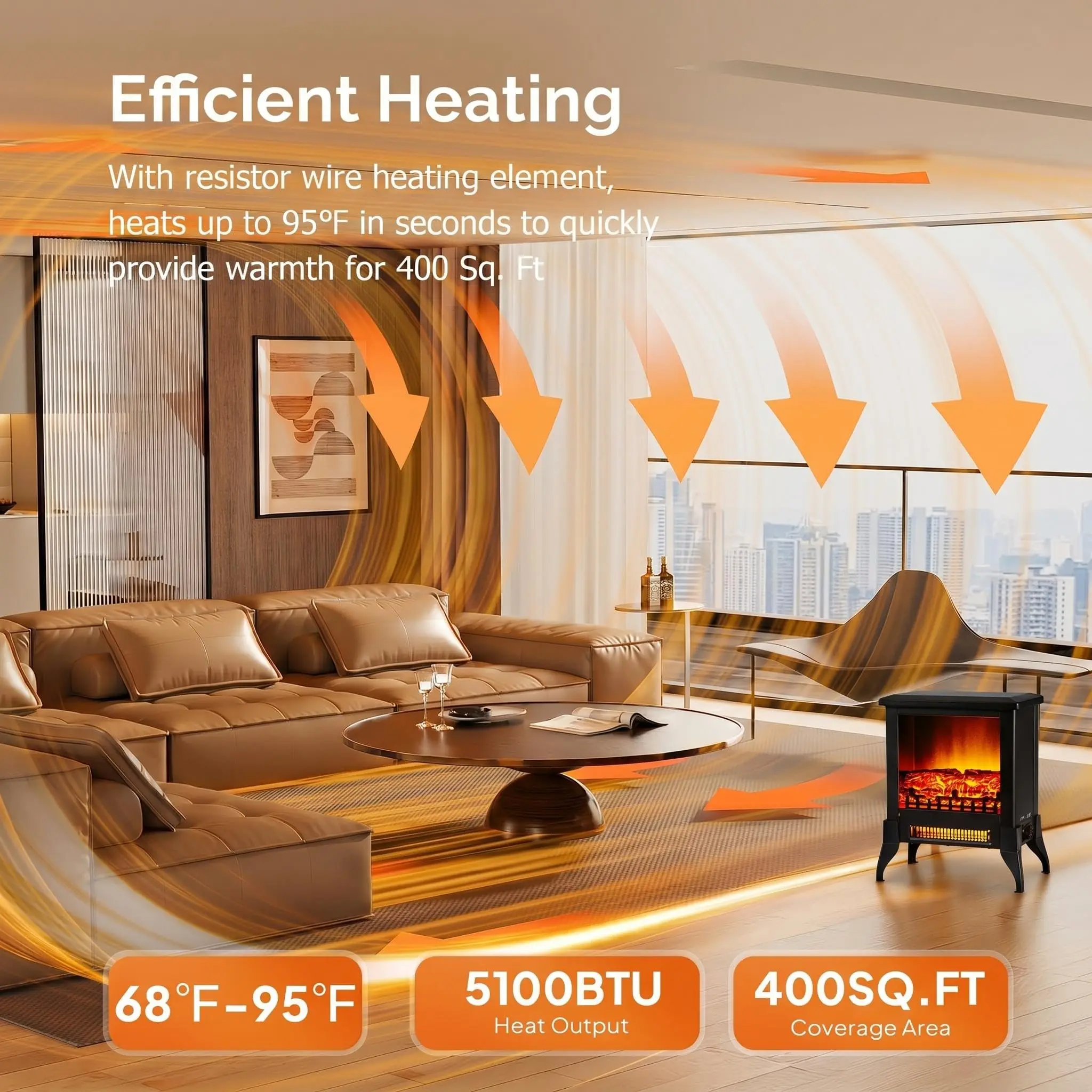 14 Inch Freestanding Electric Fireplace, 1400W 120V Compact Fireplace Heater with Thermostat, Adjustable Flame for Small Rooms