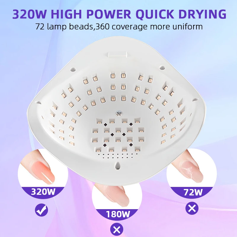 320W UV LED Nail Lamp 72LEDS Gel Polish Drying Lamp with Automatic Sensing 4 Timer Professional Nail Dryer Manicure Salon Tools