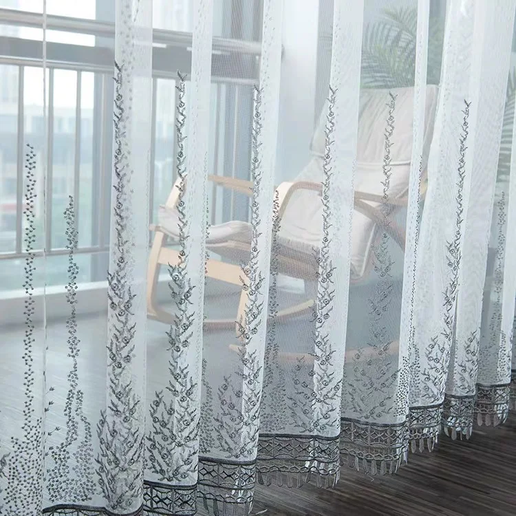 

DZQ White Gray Tulle Curtains For Living Dining Room Bedroom Luxury Floral Embroidered French Window Curtain Tassel Decoration