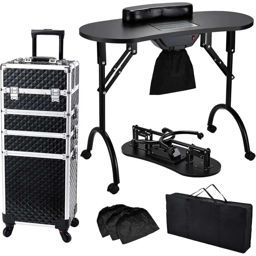 

Nail Table Manicure Desk with Dust Collector + 4 in 1 Rolling Makeup Train Case for Mobile Stylist Artists Nail Salon