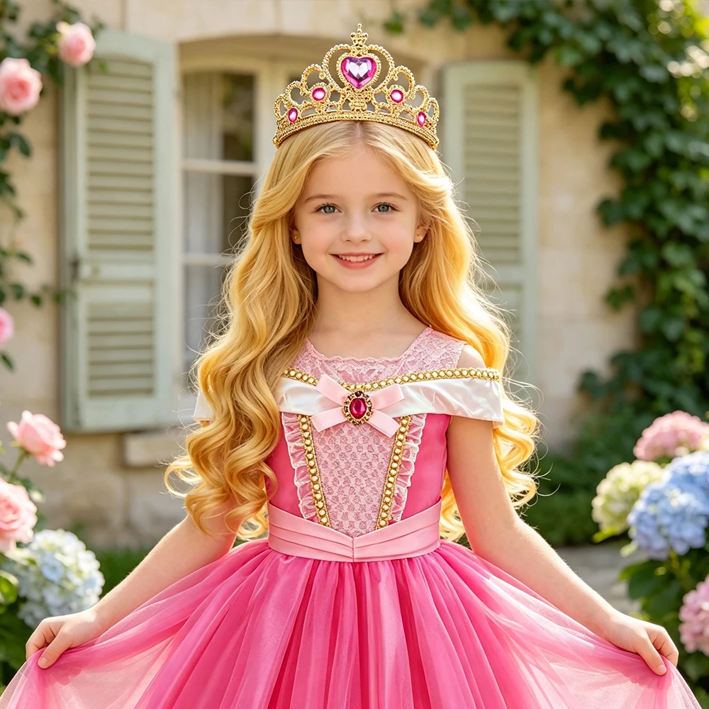 Kinder Rosa Feenprinzessin Kostüm Mädchen Geburtstag Schulterfreies Ballkleid mit Krone Zauberstab Handschuhe Set Kinder Halloween Kostüme – Detail 8