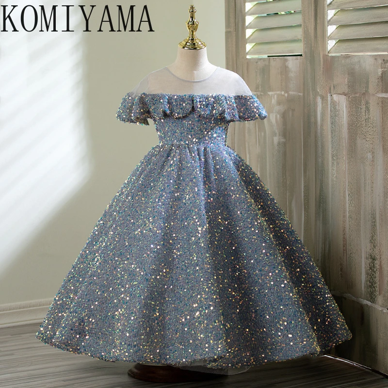 Vestido de actuación de moda con lentejuelas y temperamento elegante personalizado, vestidos de flores con volantes en cascada para niña, vestido de baile de princesa para niña