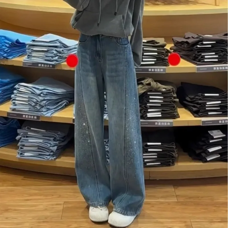 Mantianxing Hot Diamond Bending Knife Jeans Women's Large Size Look Thin Sparkling Pants High Waist Pear Shaped Straight Pants