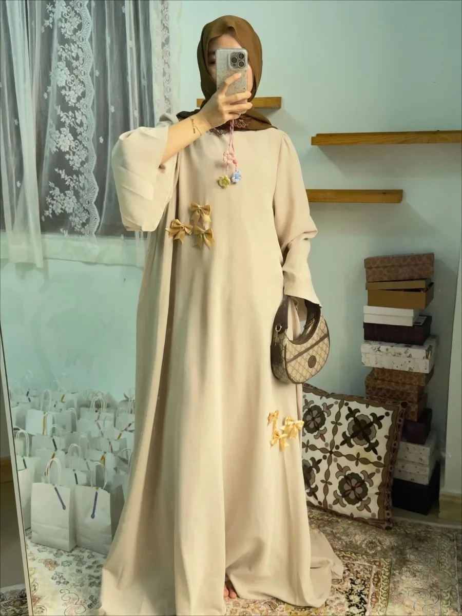 

Ид Абая женское праздничное платье мусульманский бант с длинным рукавом Джалабия Рамадан скромные длинные платья Vestidos Largos Kaftan арабский длинный халат