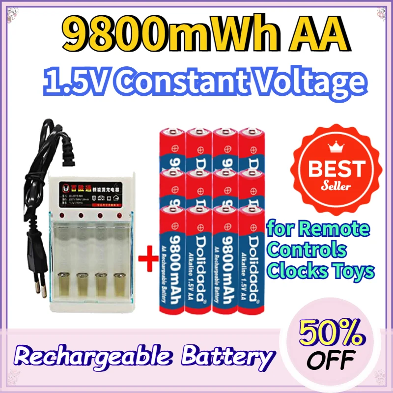 9800mWh AA alkaline rechargeable batteries 1.5V With a charger 1000 Cycles Ultra High Capacity for Remote Controls Clocks Toys