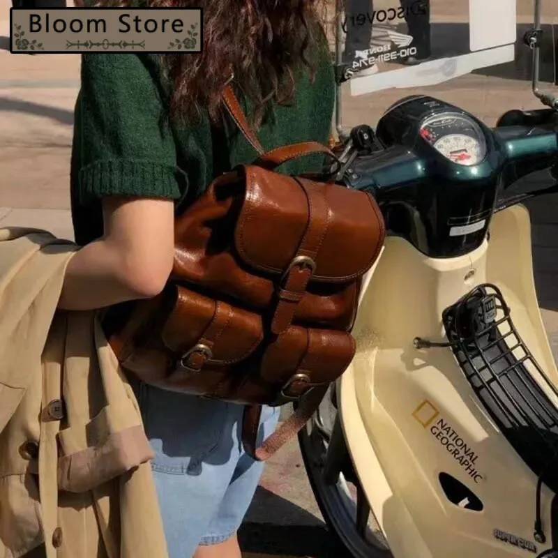 Bloom Vintage Brown Backpacks Women Retro Pu Leather Chic Solid Y2k Backpack Female Haruku Mini Mochila Aesthetic