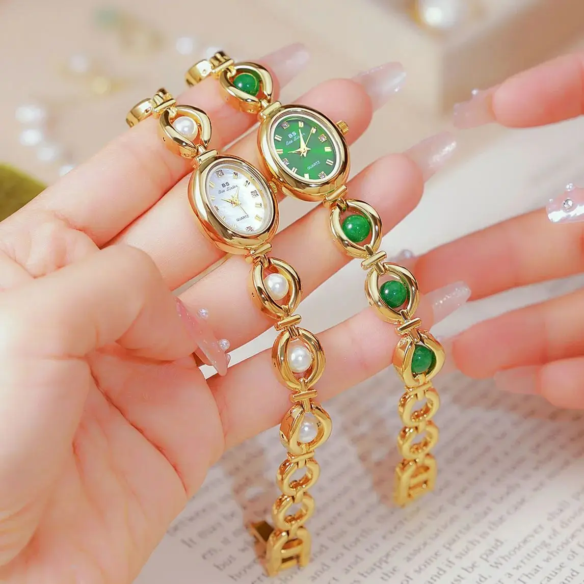 

Женские часы, легкий люксовый бренд, зеленый нефритовый нефритовый браслет с кристаллами, универсальный женский модный браслет, кварцевые часы