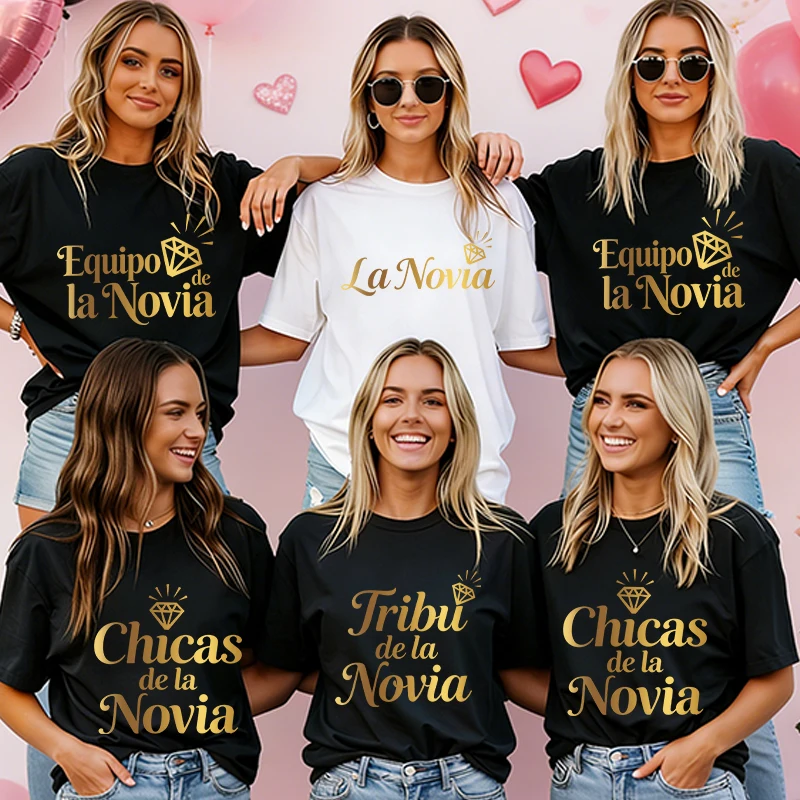 Spanish Women Bachelorette Party T-Shirts, Shiny Gold Print Team Bride Tribe Tops for Single Farewell Bridal Party Wedding Squad