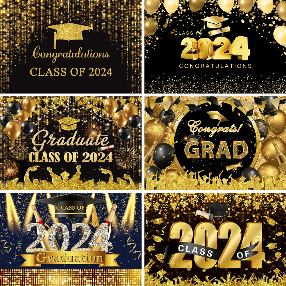 Happy Graduation Balloons 2024 Photography Backdrop Black and Gold Congratulations College Graduation Prom Graduate Backgrounds