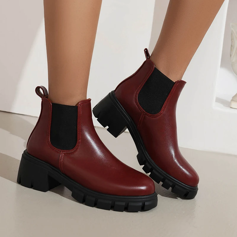 

Non-Slip Rubber Platform Sole Simple Style Women's Chelsea Boots Chunky Heel Mixed Colors Plush Lining Slip-On Vintage Booties