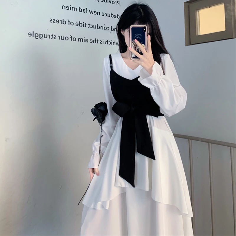 Women\'s 2024 outfits fall Spring Elegant Chest Vest Sleeveless Crop Tops V-Neck Irregular Flare Sleeve Long Dress Two piece Set