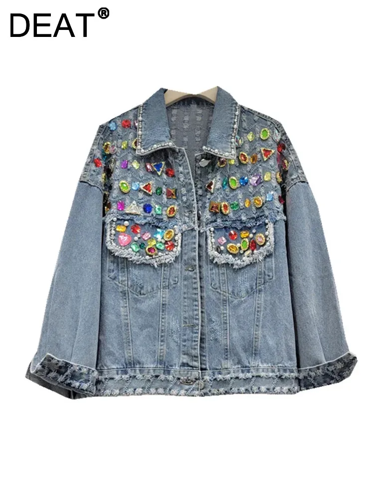 

DEAT Women's Denim Shirt Loose Colorful Diamonds Pearls Burrs Ripped Single Breasted Blouse 2024 Autumn New Fashion 29L2487