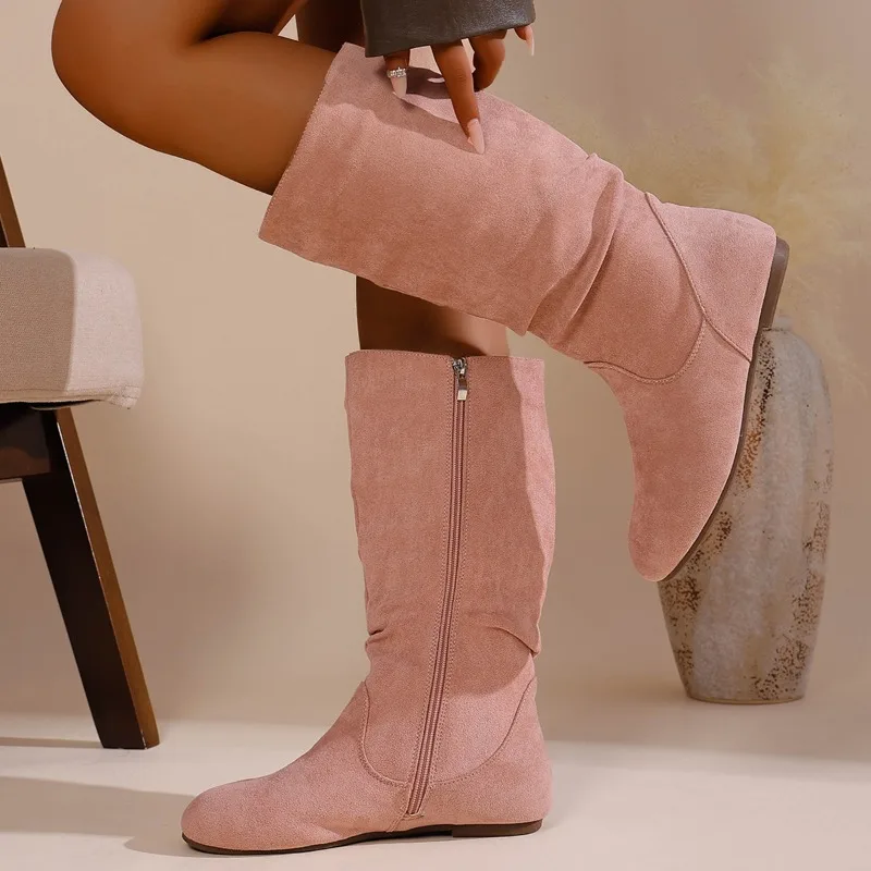 Women Knee High Boots Suede Flats Casual Chelsea Women Shoes Autumn Winter Designer Brand Large Size 36-43 2025 New Women Boots