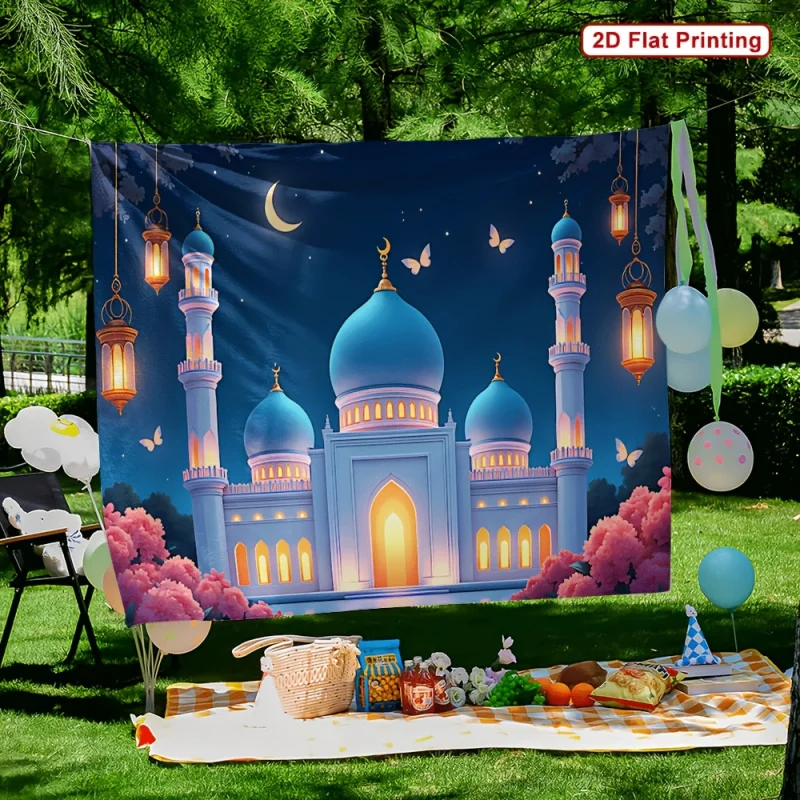 2Dflat1pc، لافتة حفلات من القماش للمشهد الليلي - تصميم معماري إسلامي ذهبي حيوي، لا يتطلب إمدادًا للطاقة